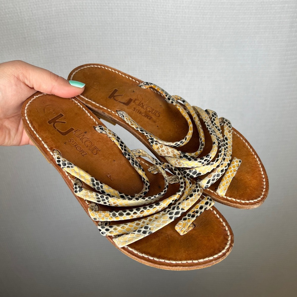 K. Jacques St. Tropez Women Snakeskin Strappy Leather Sandals Yellow Tan Size 37